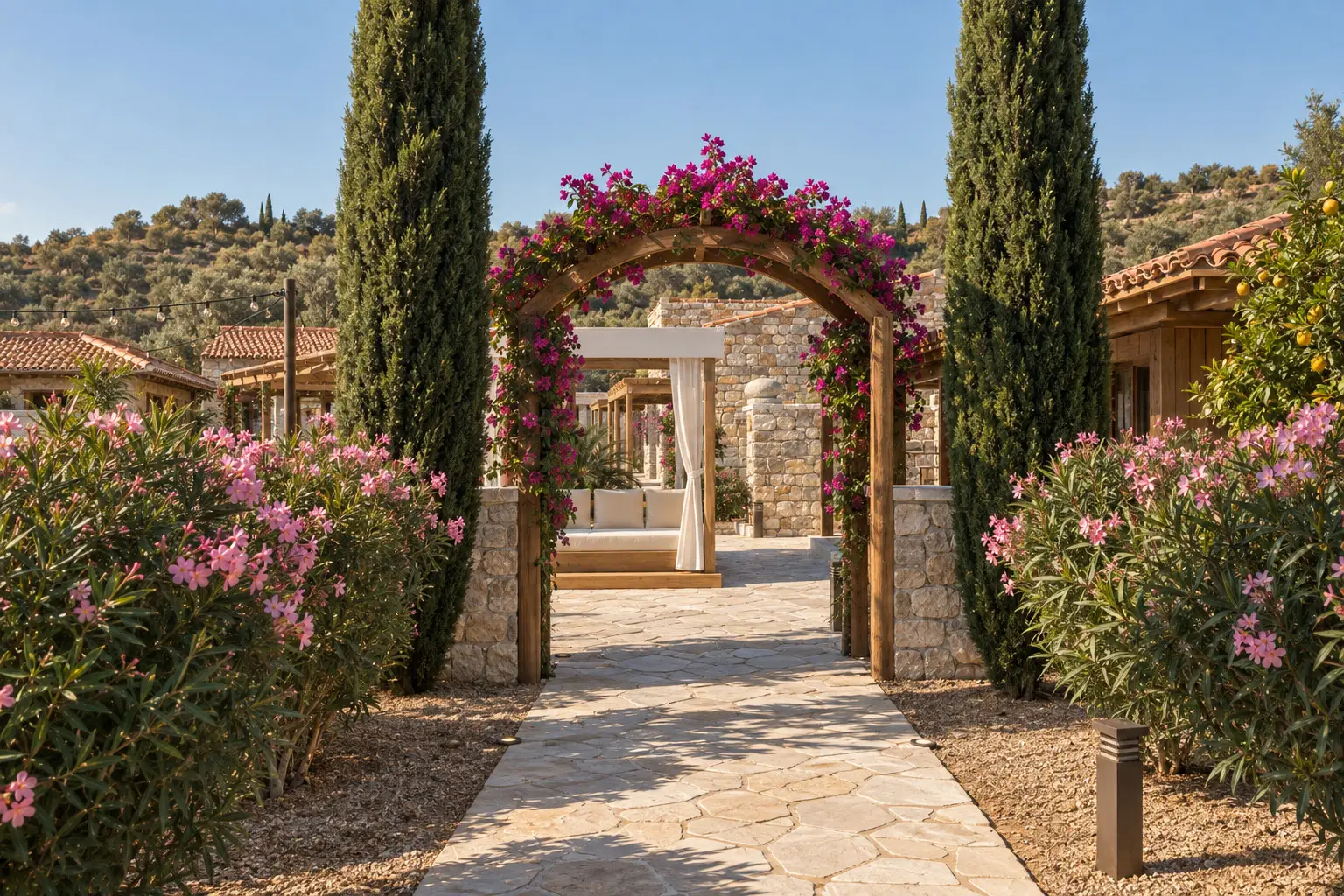 A timber arbour draped in magenta bougainvillea frames a white linen cabana, between two cypresses and pink oleanders