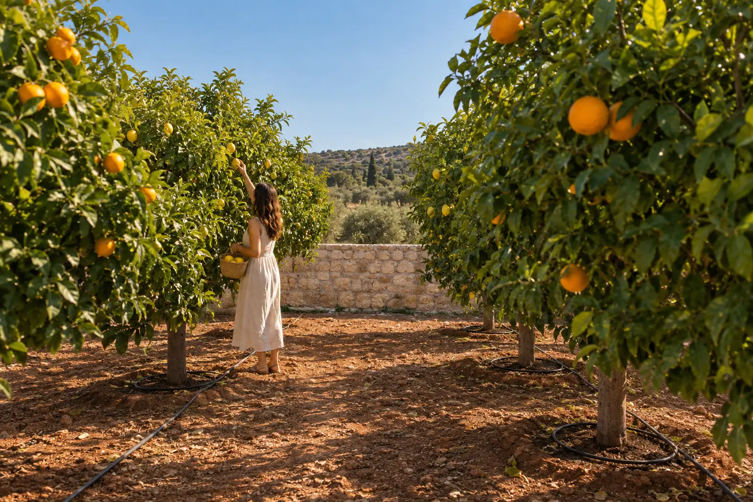 A woman in a linen dress picks lemons into a basket between rows of orange and lemon trees on red-brown earth