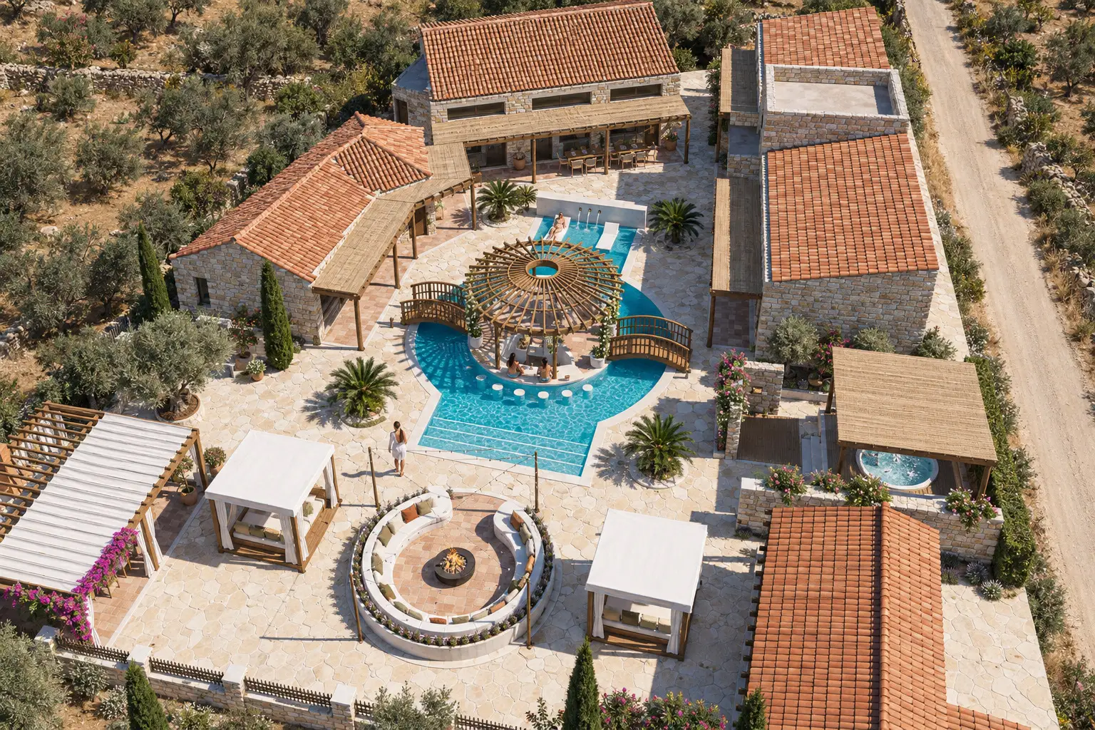 Der Hof von oben, mit runder Feuerstelle und zwei Pavillons vor dem Pool und der Inselpergola.