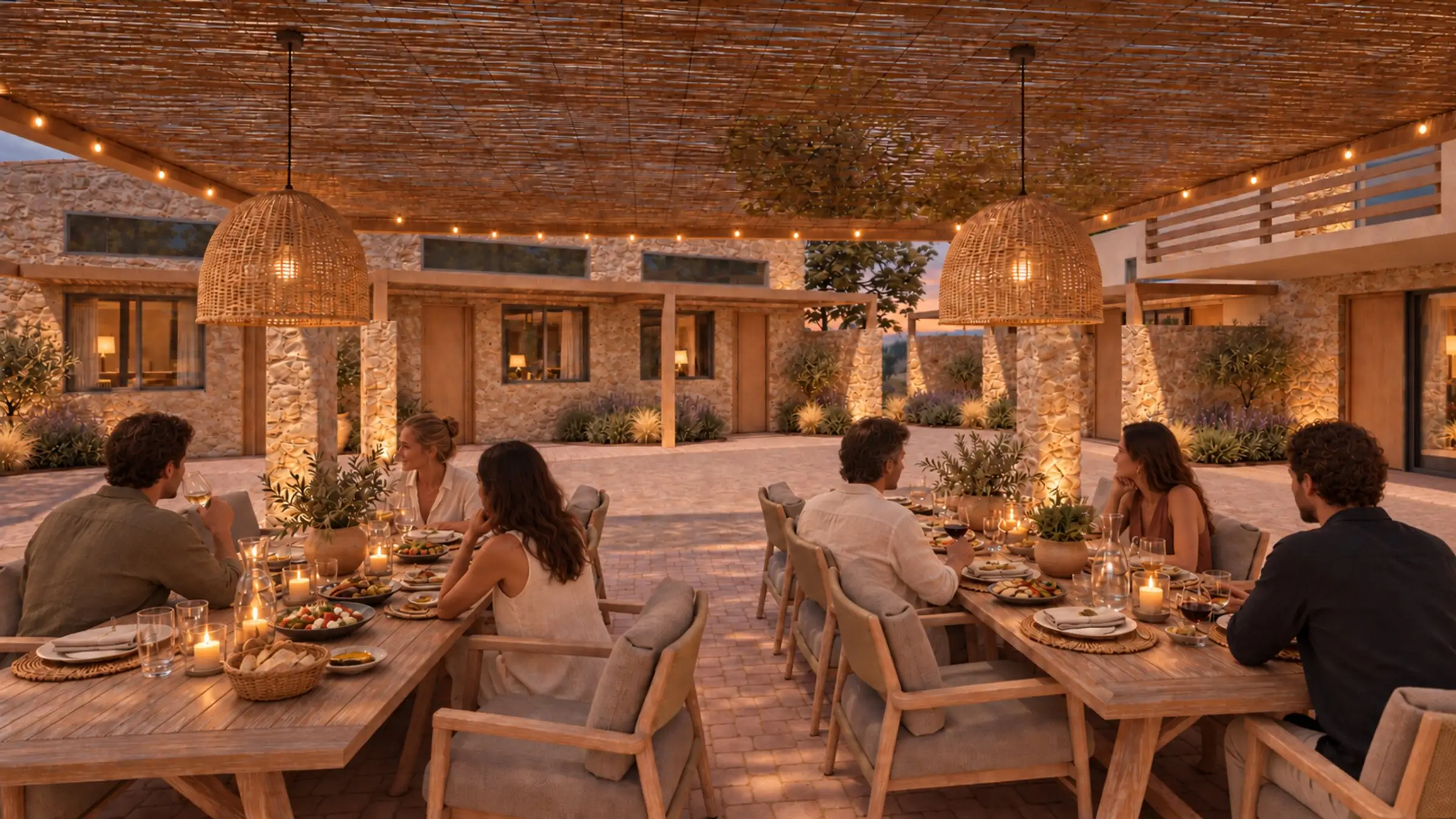 A long table laid for dinner in the courtyard at dusk