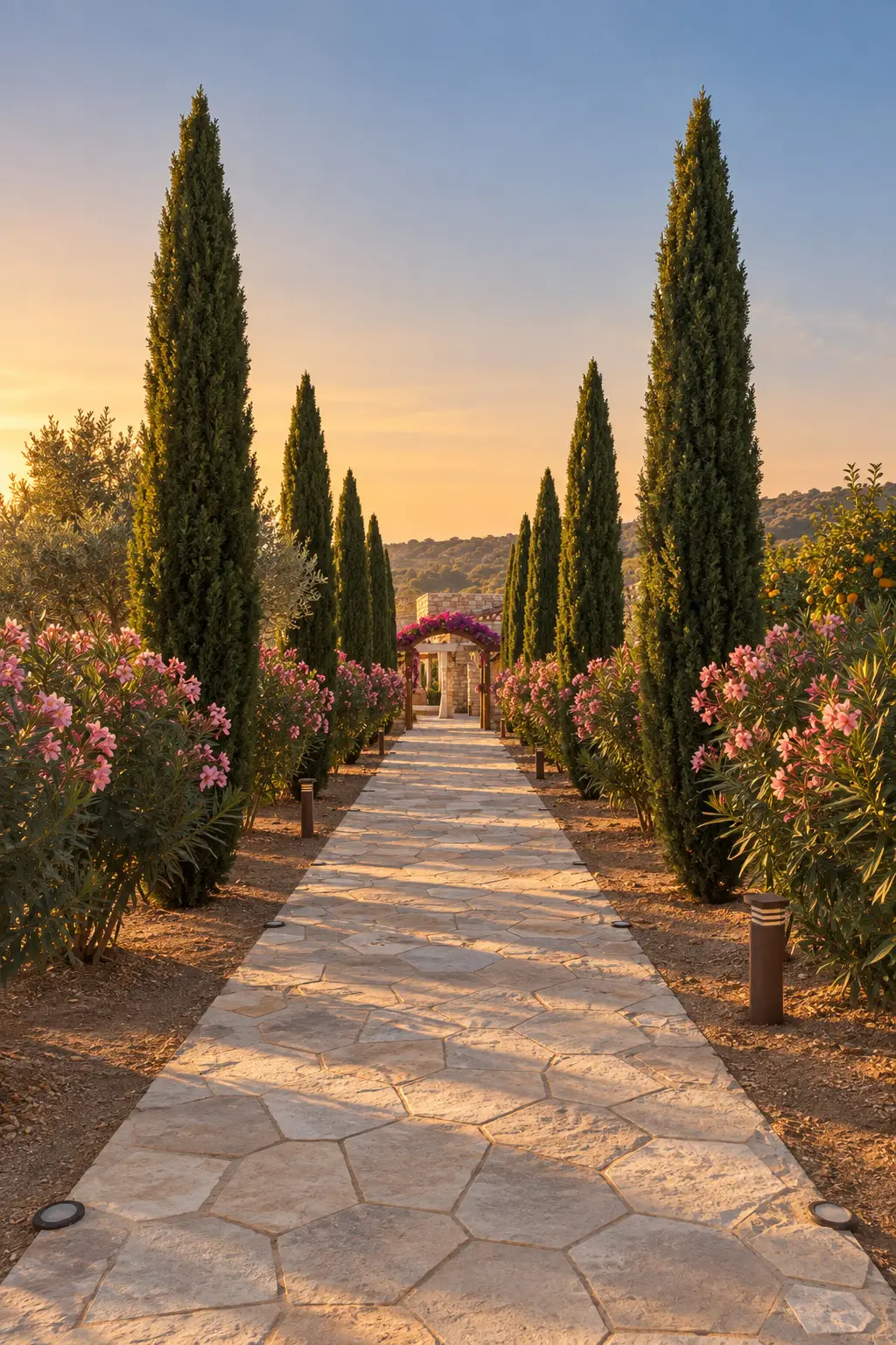 A limestone path runs between tall cypresses and pink oleanders to a bougainvillea arbour in low golden light