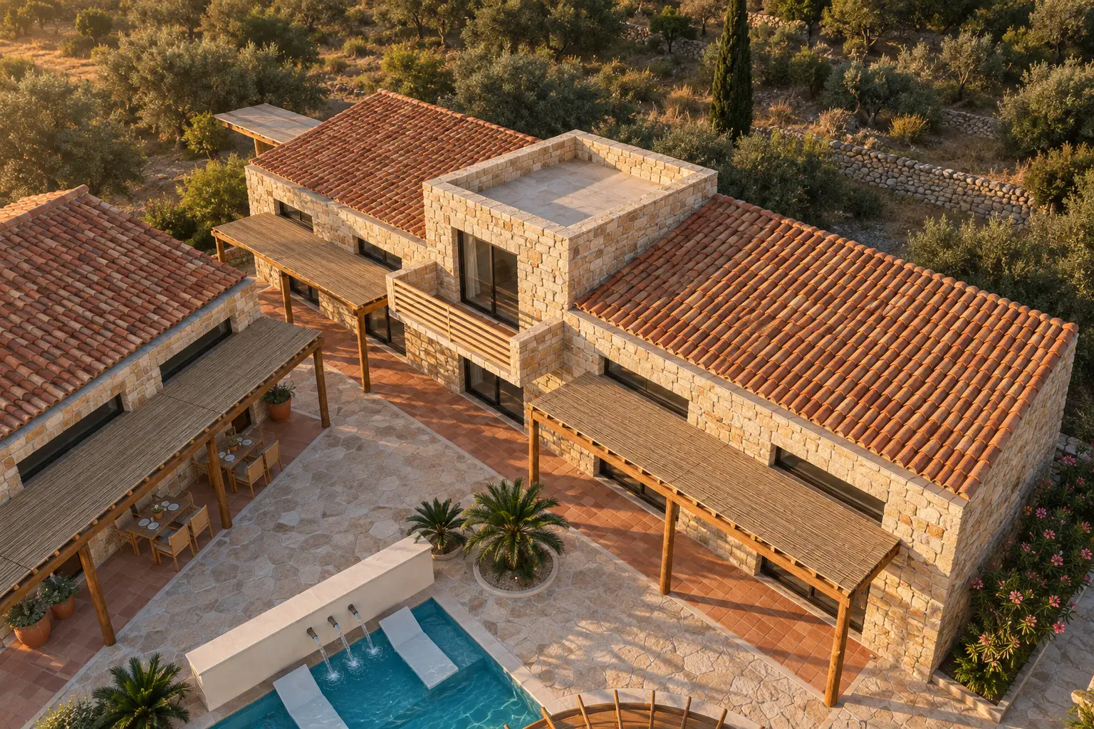 Erhöhter Blick auf einen Steinturm mit Holzbalkon und Flachdach neben Häusern mit Ziegeldächern über Pool und Brunnenmauer.