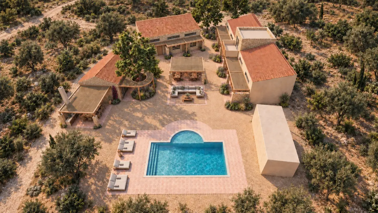 The estate from above: three rows of stone homes around the shared courtyard