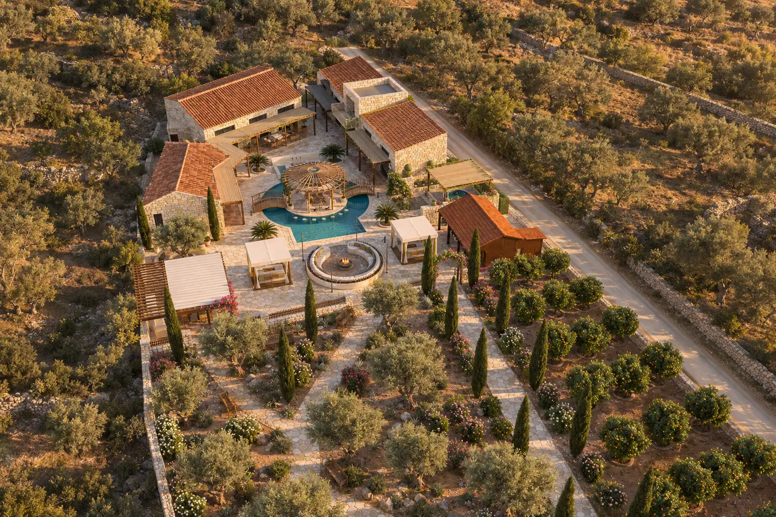 Golden-hour aerial of the estate: stone homes round the pool courtyard, then garden, cypress alley and orange grove amid olive groves