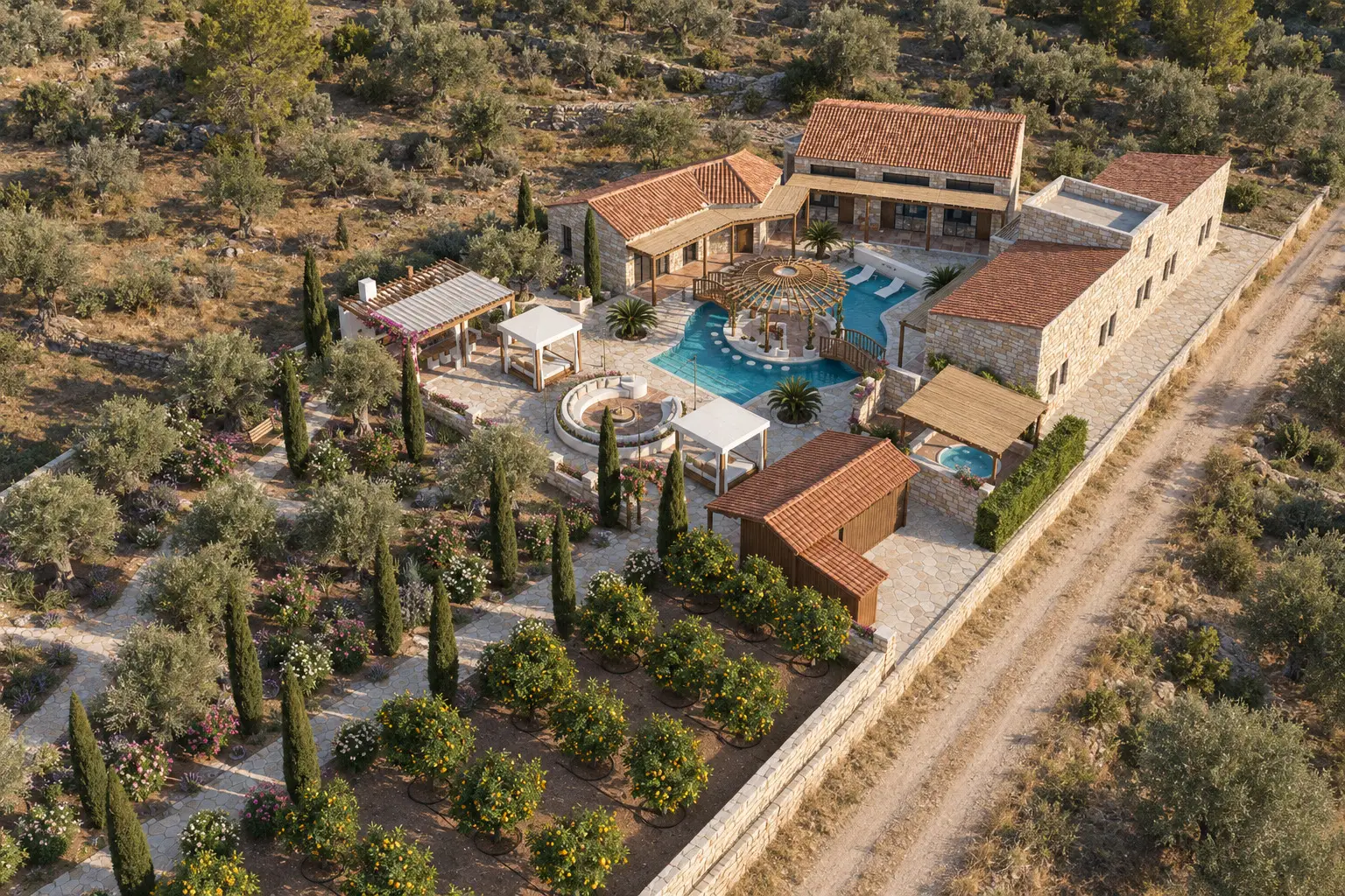 Steinhäuser rund um einen Pool mit Insel, dazu Feuerstelle, Zypressenweg, Garten und Zitrushain aus der Luft.