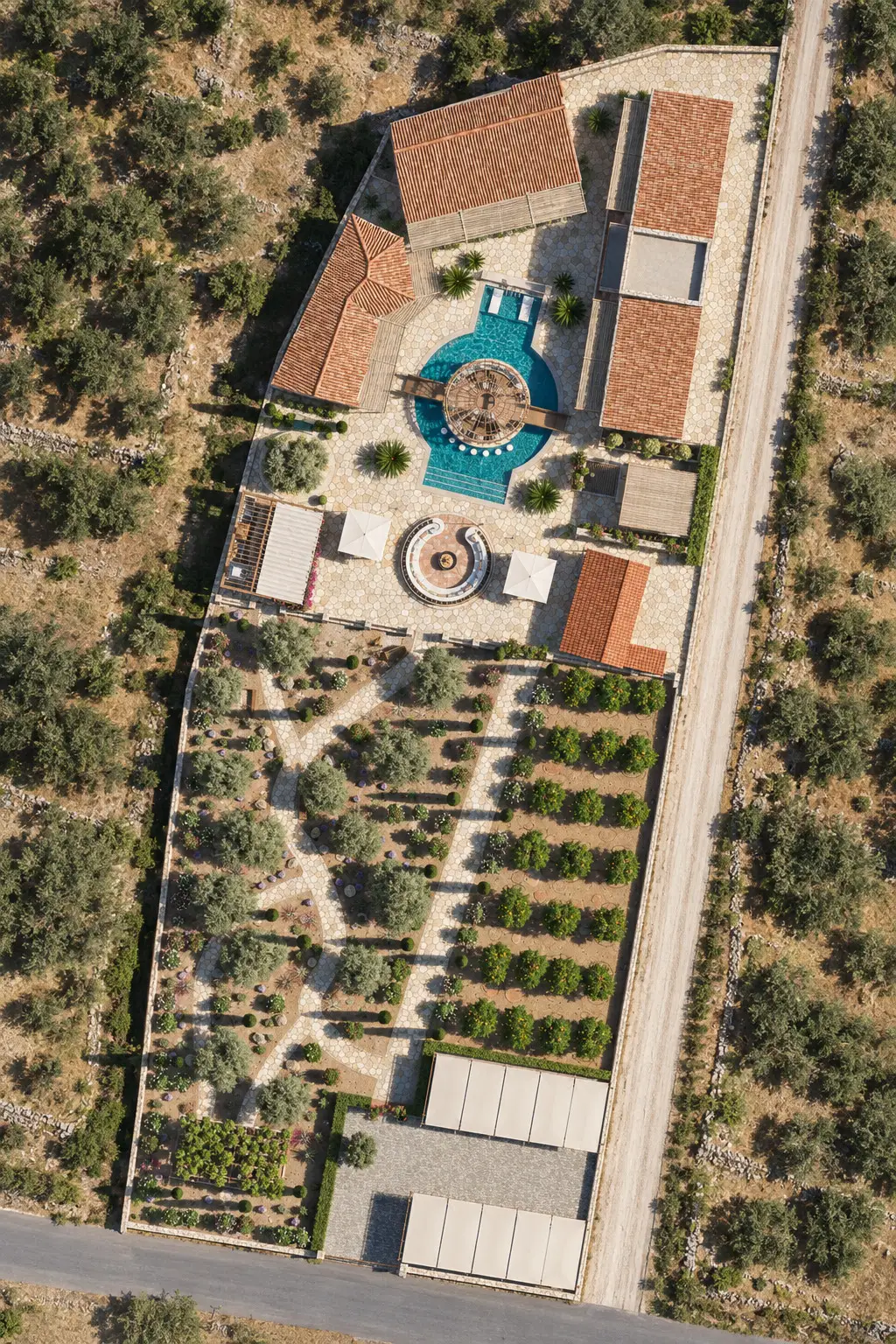 Top-down view of the plot: ten stone homes round a pool and island, garden paths, cypress alley, citrus grove and two canvas carports