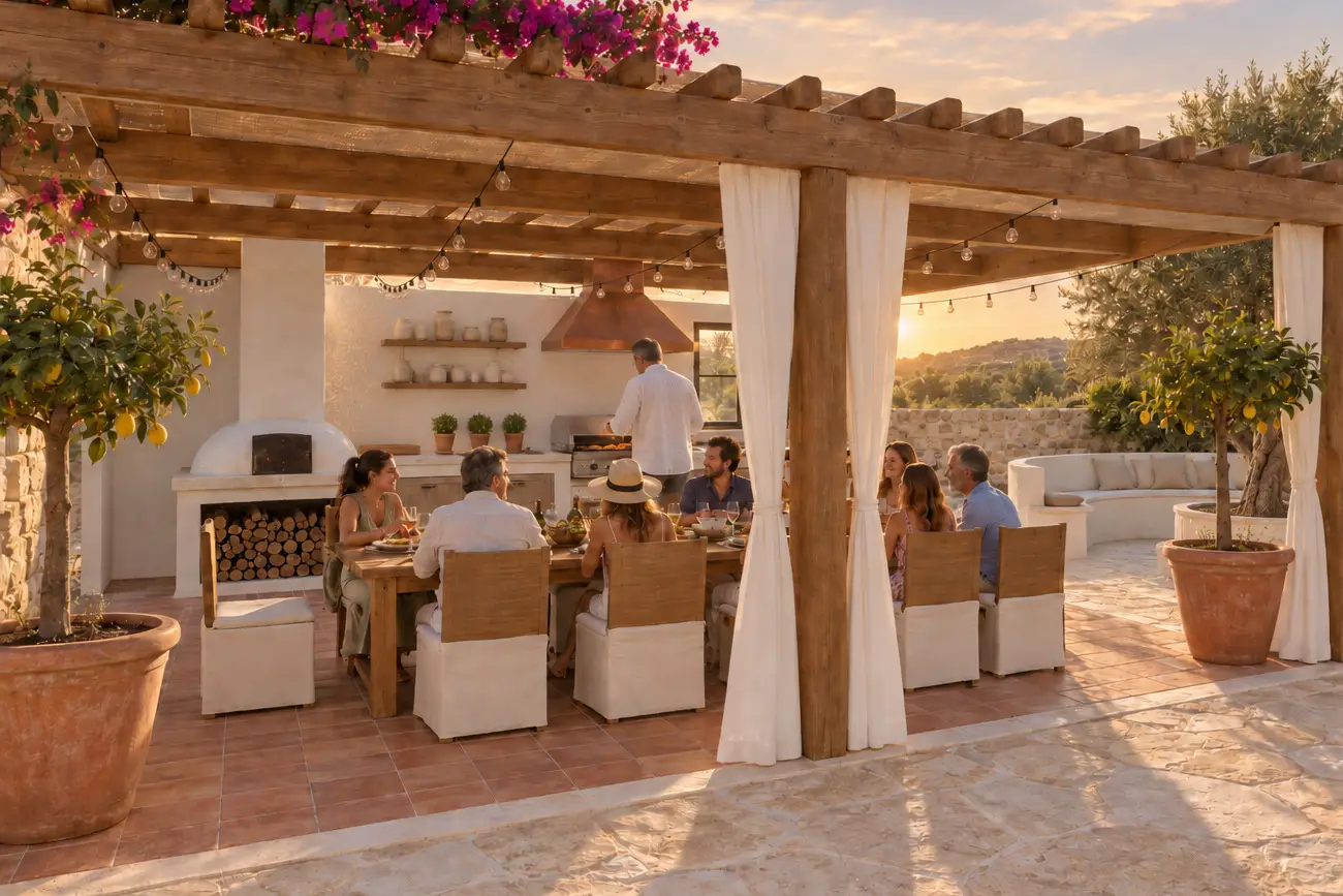 Friends dine at a long teak table under a timber pergola at sunset while a host grills under a copper hood