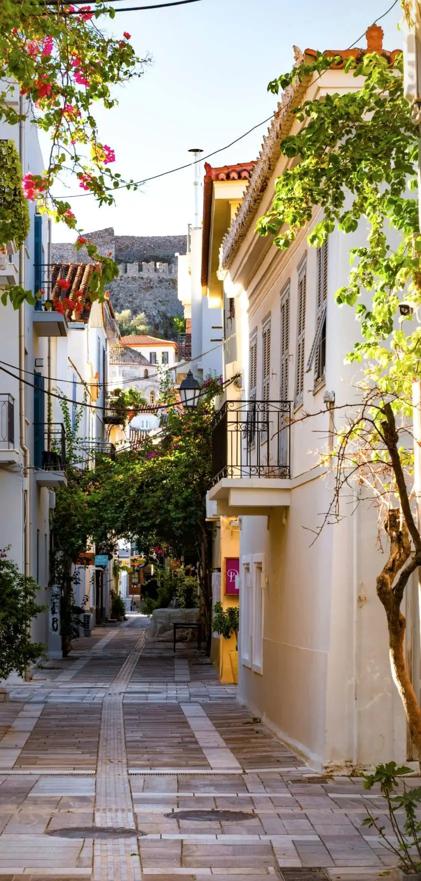 A narrow paved lane between old houses in Nafplio