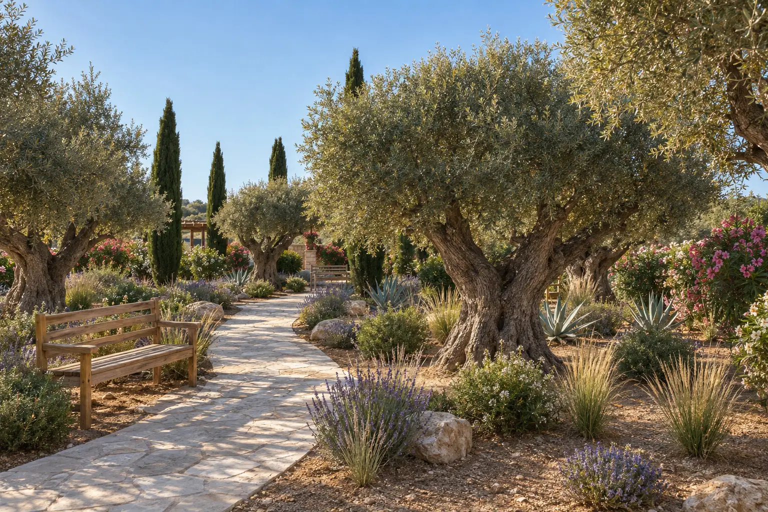 A pale limestone path winds between old olive trees, cypresses, lavender, grasses and agaves past a teak bench