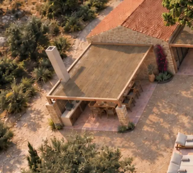The outdoor kitchen and its dining table, seen from above
