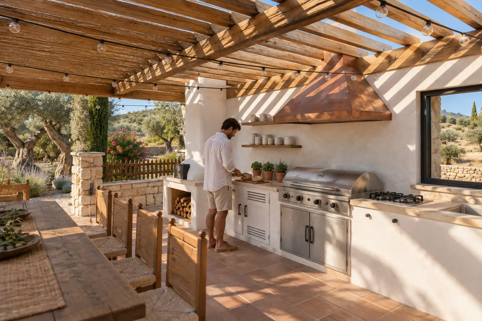 Ein Mann bereitet Essen an einer weißen Außenarbeitsfläche neben Grill, Kupferhaube und Holzofen unter einer Holzpergola zu.