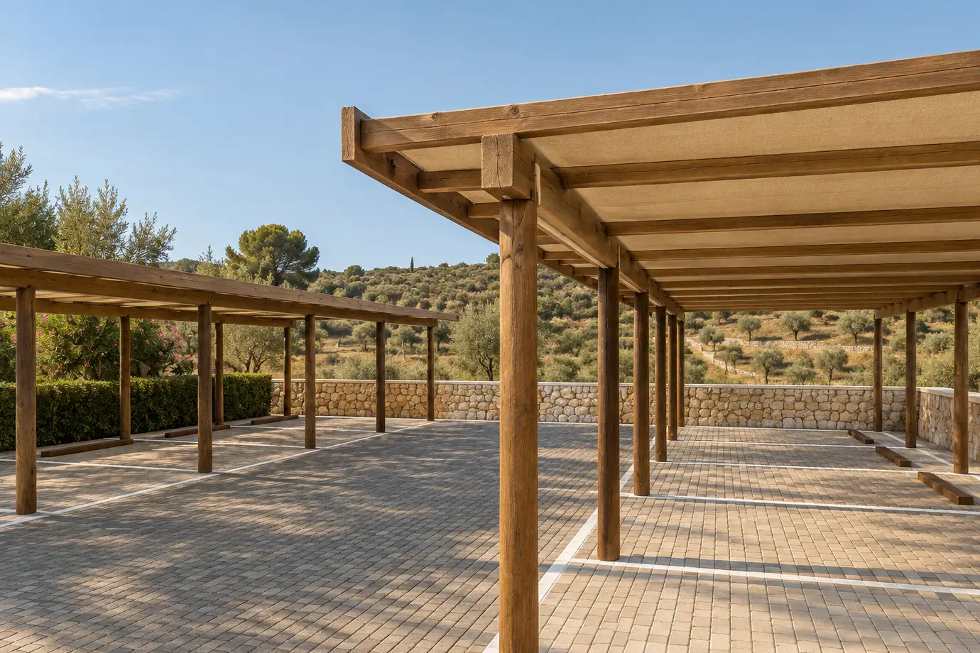 Empty parking bays of light setts under two timber carports with sand canvas shades, a stone wall and olive hills
