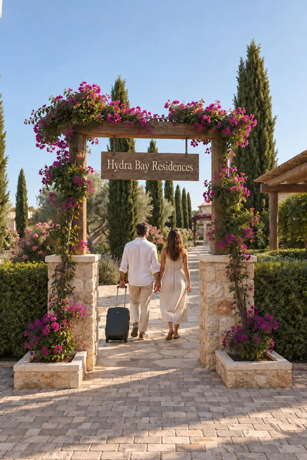 Zwei Personen mit einem Koffer gehen durch ein Holztor zwischen Steinpfeilern und Bougainvillea zum Zypressenweg.