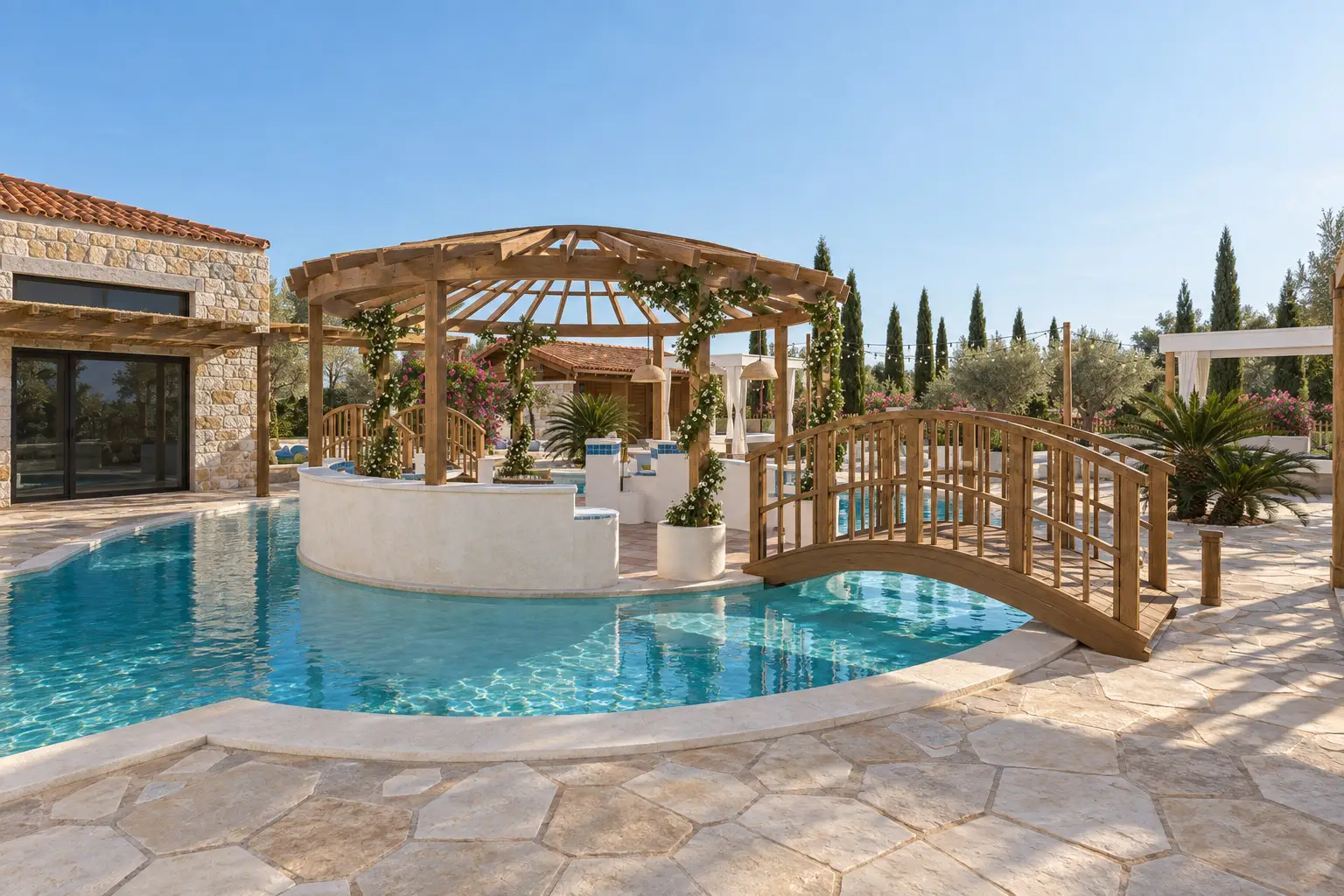 Free-form pool curving round the island's radial timber pergola, with an arched timber bridge and limestone deck in morning sun
