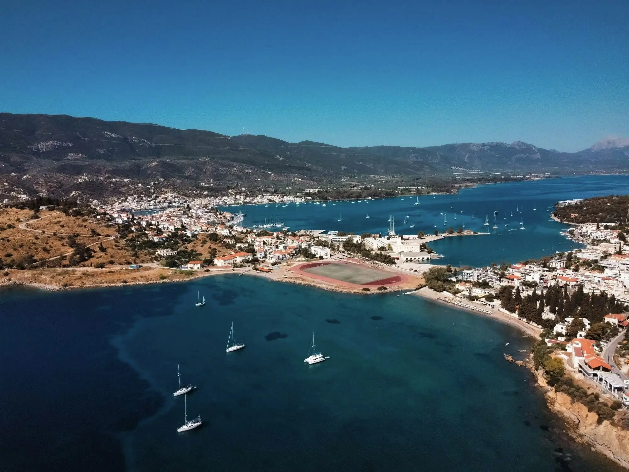 Poros and the narrow channel to the Peloponnese, from above