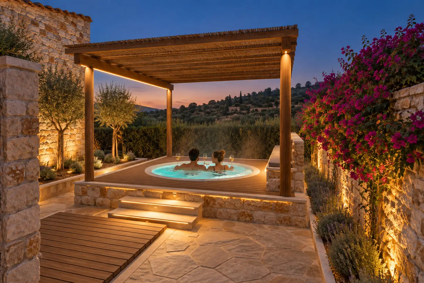 A couple in a softly lit round hot tub on a raised stone and teak deck under a timber pergola at dusk, bougainvillea at right