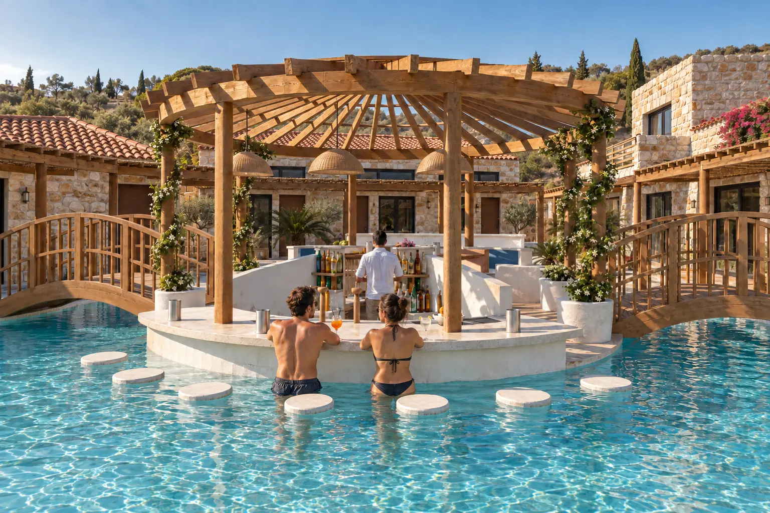 A couple waist-deep at the island's swim-up bar under a timber pergola with jasmine, a bartender behind, stone homes beyond