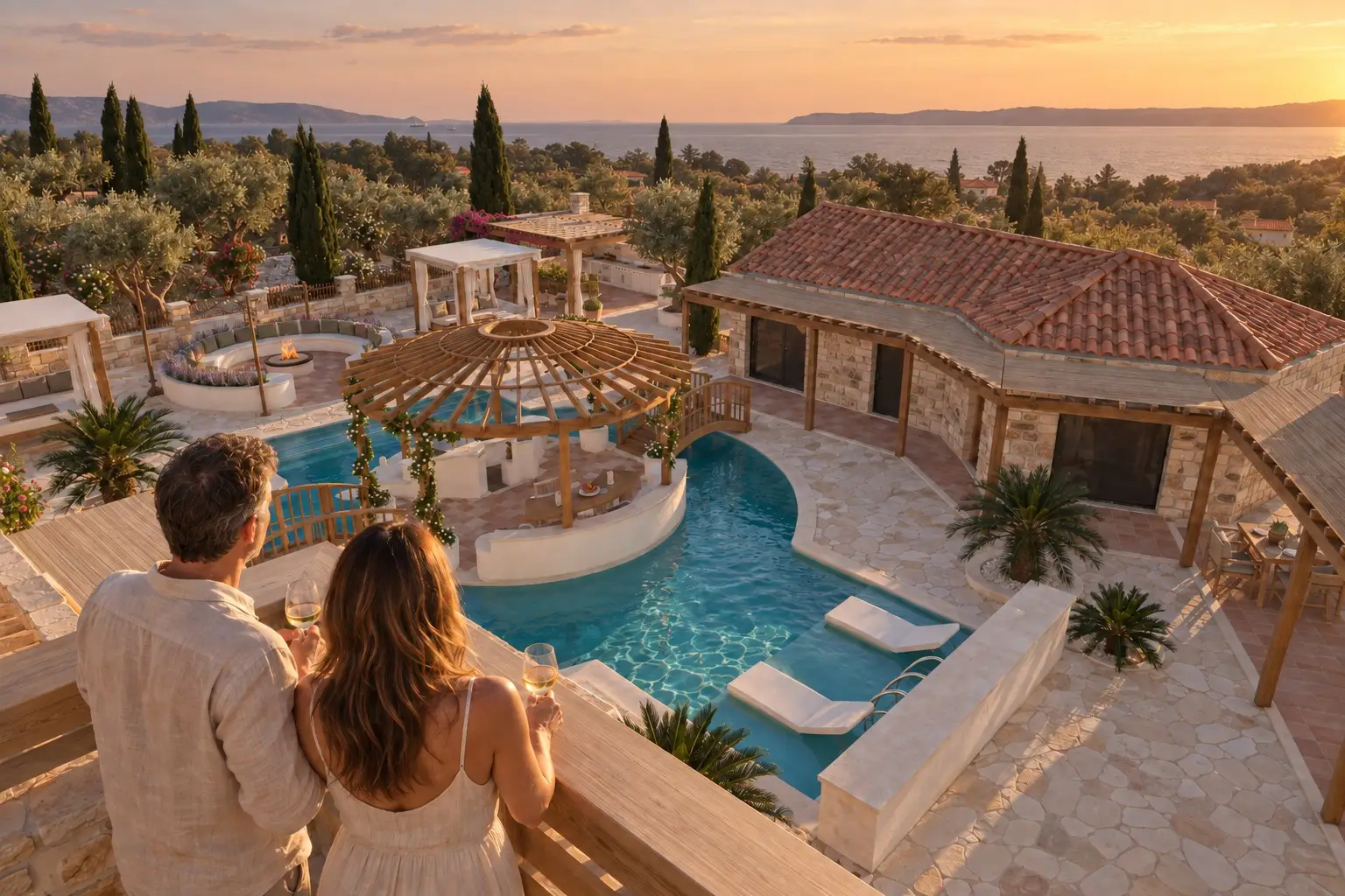 Ein Paar mit Weißweingläsern an einem Holzgeländer hoch über dem Pool, mit Blick über Inselpergola, Feuerstelle und Olivenhaine zum Meer bei Sonnenuntergang.