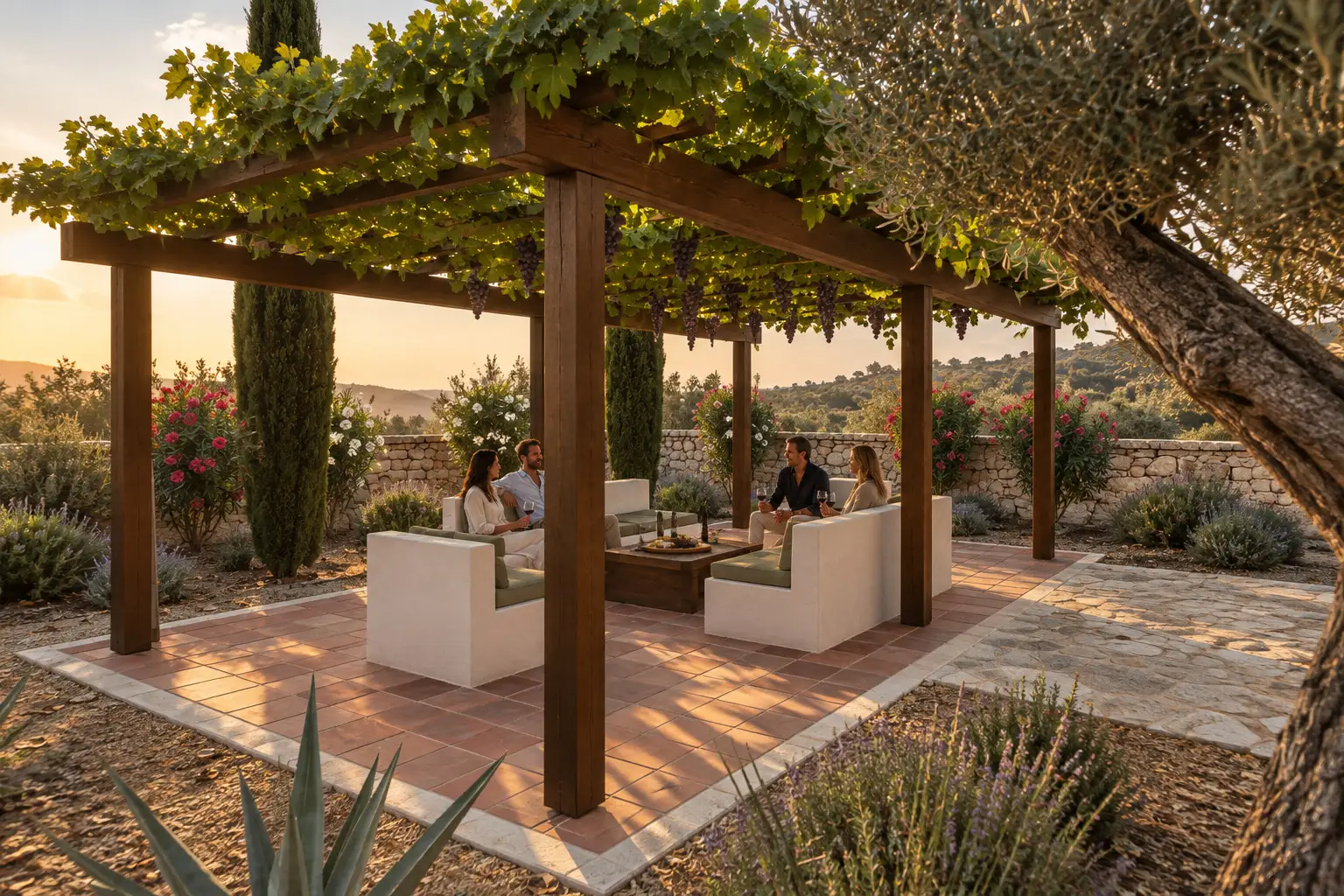 Four friends with wine sit on white sofas under a grapevine pergola hung with grapes, on a terracotta tile floor